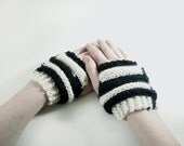 Black and White Striped Fingerless Gloves