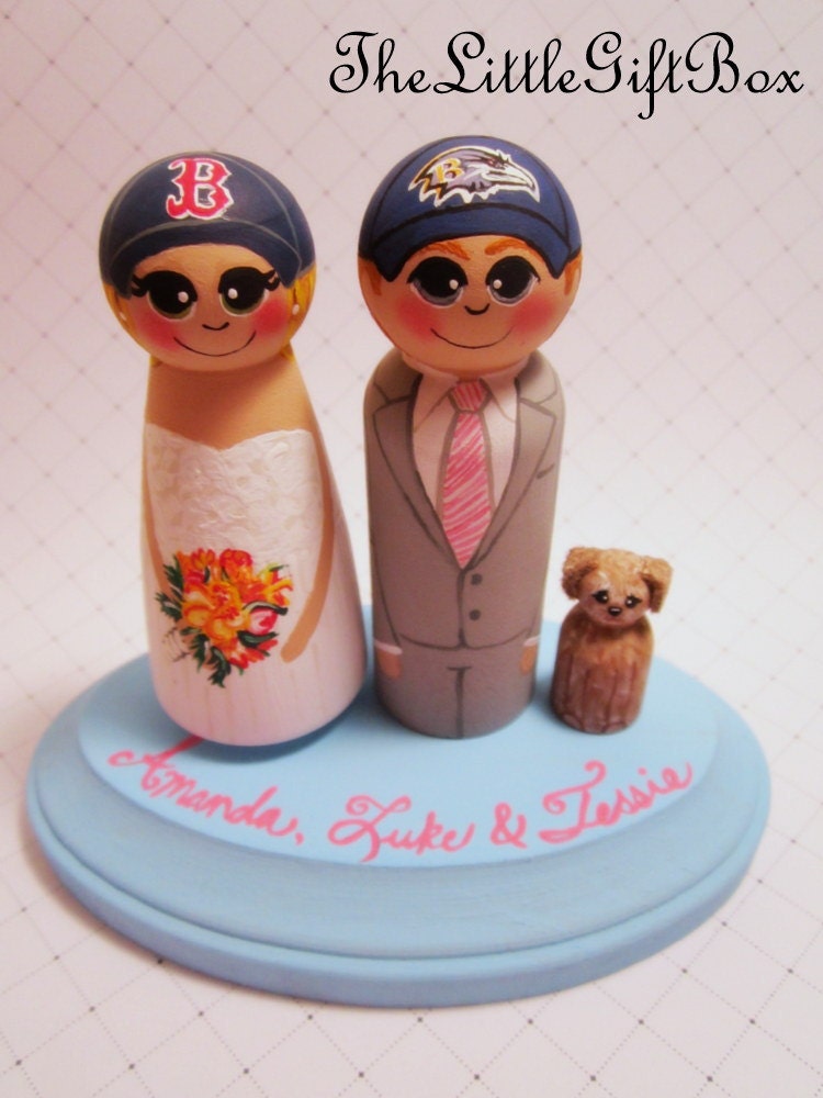 Wedding Cake Topper / Custom Painted Wood Peg Dolls / Couple Plus 1 small peg (perfect for children or pets) and Plaque / sports logos