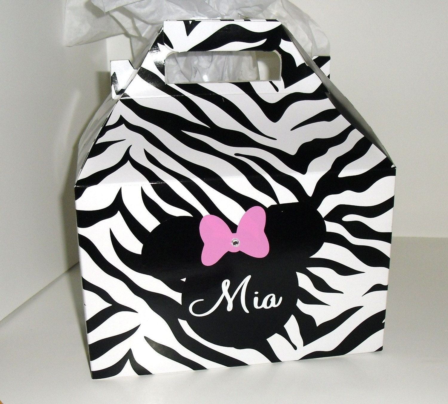 Zebra Gable Box Minnie/Mickey Mouse Personalized Party Favor  (10) Large 8 x 4 7/8 x 5 1/4