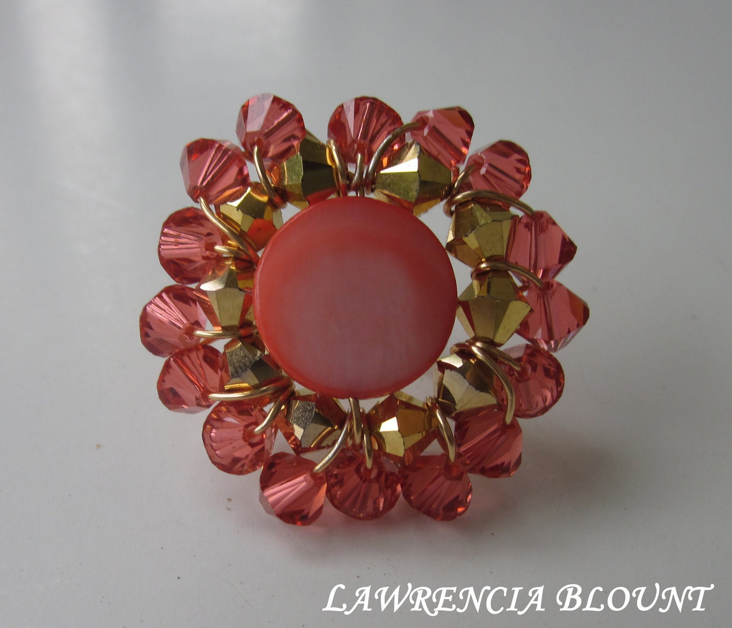 SALE - 50% OFF CLEARANCE Art Deco Coral and Gold Swarovski Crystal Flower Statement Ring