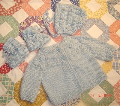 Hand Knitted Baby Booties on Hand Knit Baby Boy Sweater Set Blue Preemie By Grandmalinda