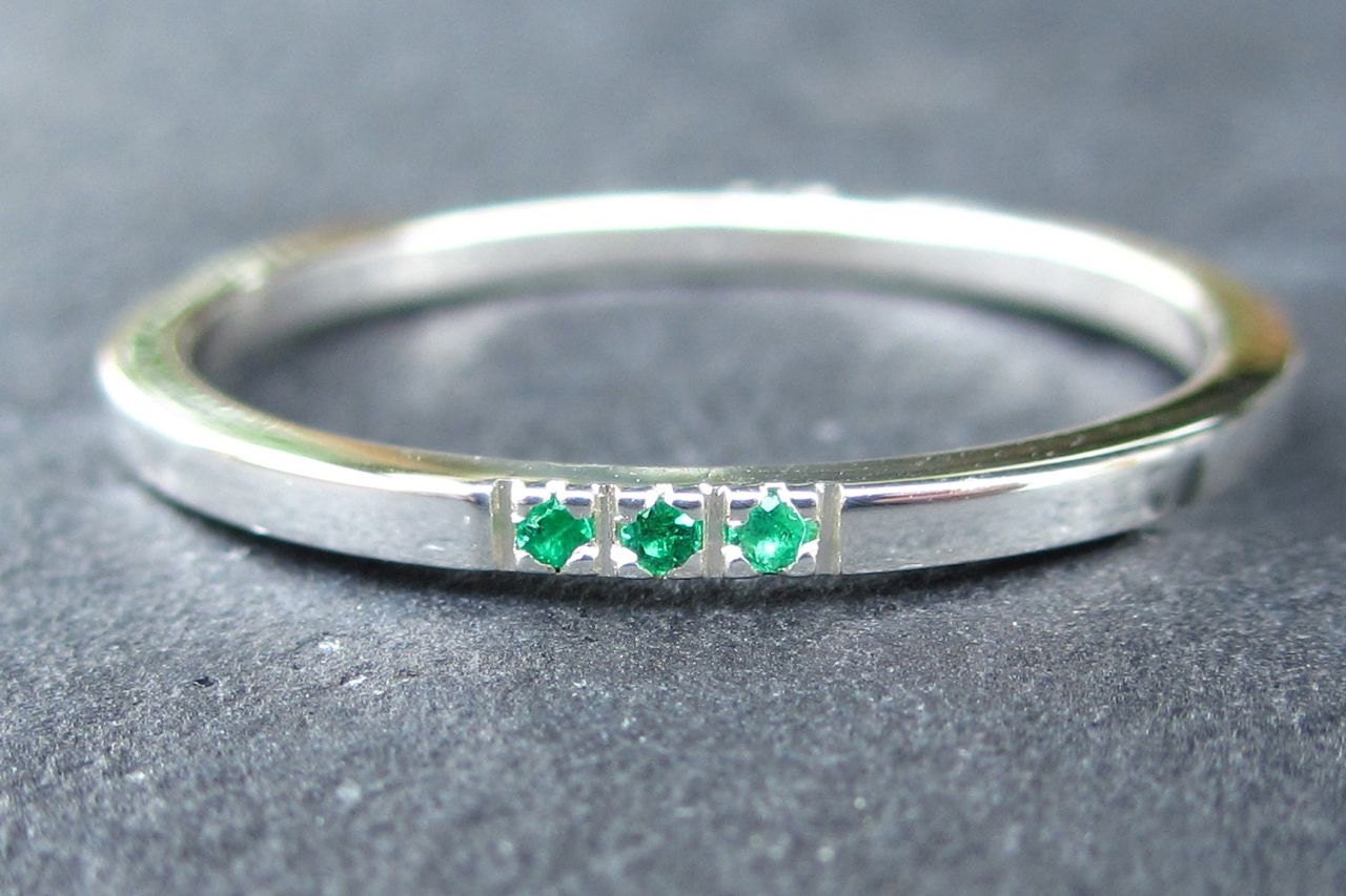 Three Stone Sterling Silver Stacking Ring 925 and Three Emeralds  Handmade Size: 7