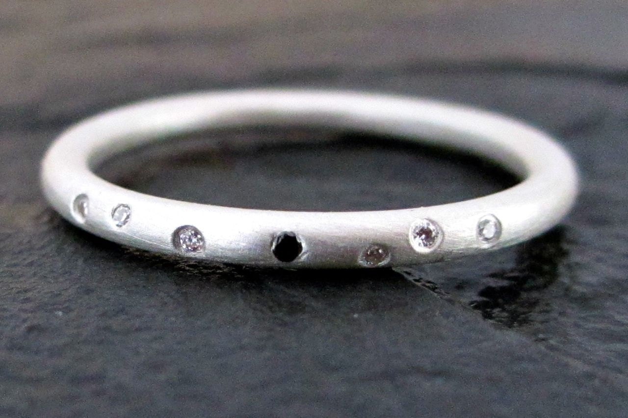 Black Star Dust - Sterling Silver set with Black and White Diamonds Engagement ring Size 7