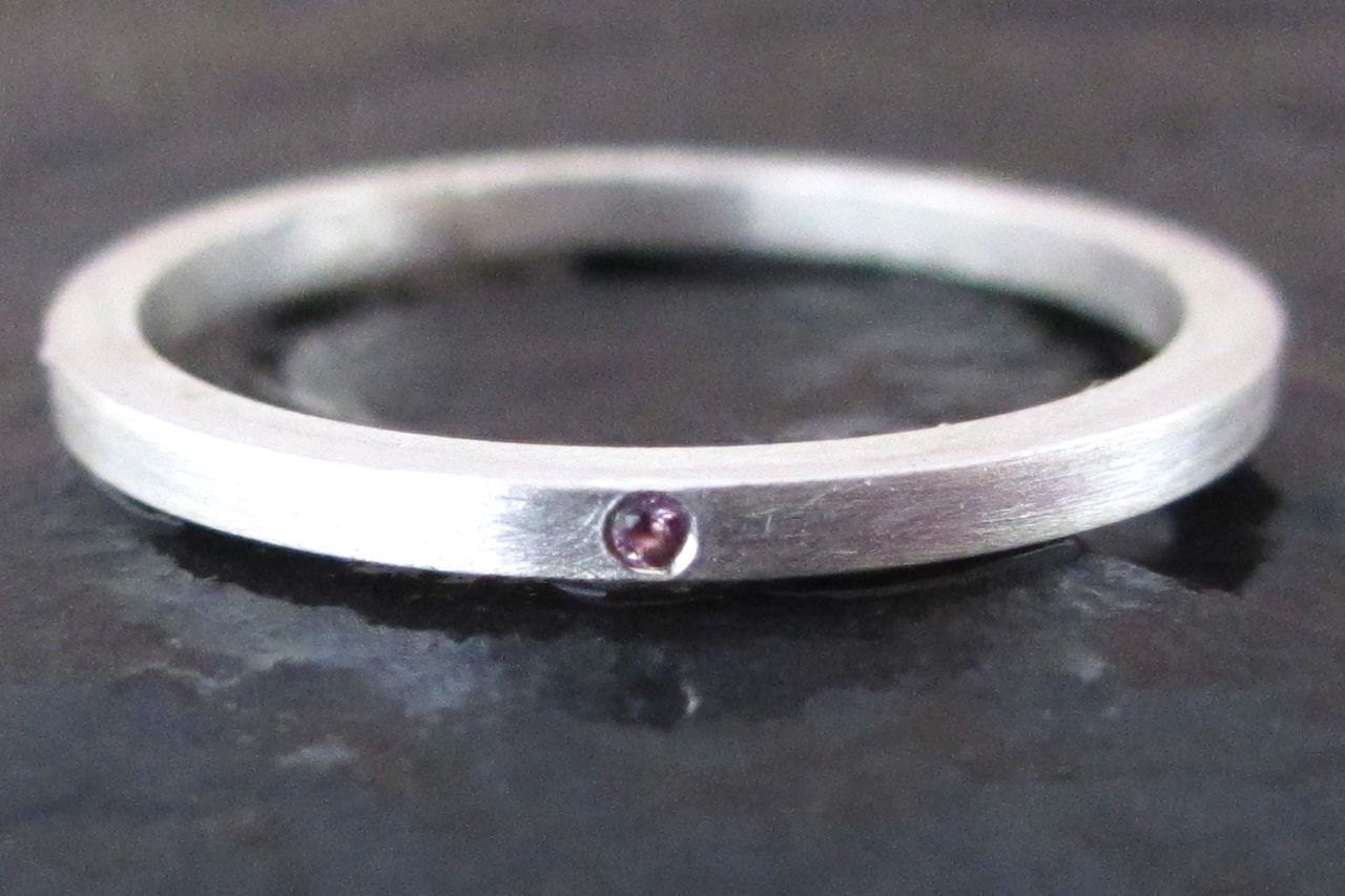 Sterling Silver Stacking Ring 925 and Amethyst Handmade Matte Finnish Size: 6.5