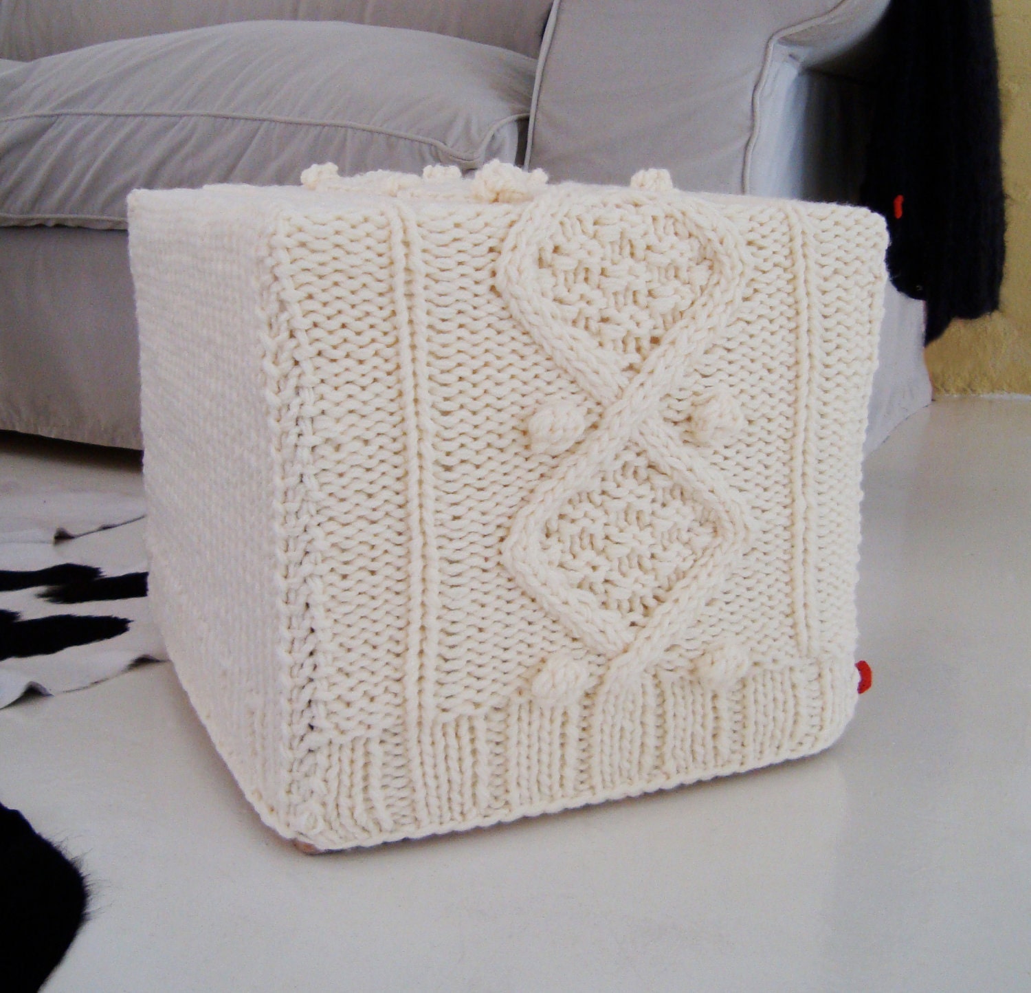 KNITTING PATTERN for chunky aran cable ottoman slip cover