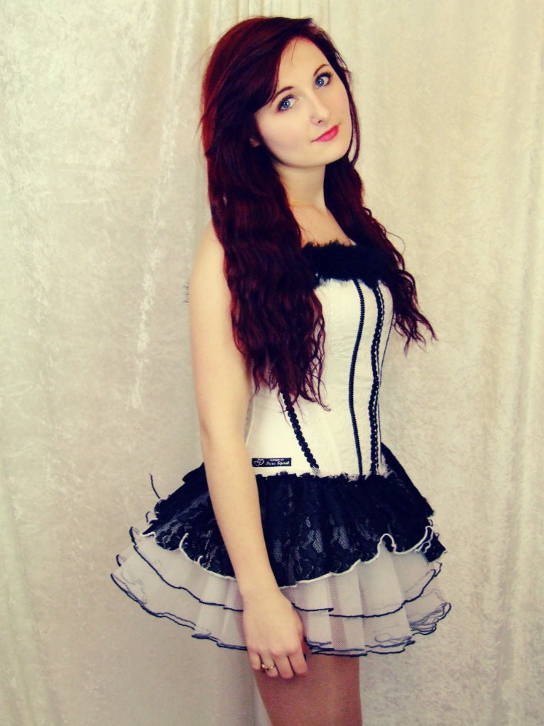 Black & White Corset Tutu Dress, Tutu Skirt, UV, Lace, Lolita, Size, S, Small, OOAK, Halloween, Harlequin, Ladies Upcycled Clothing