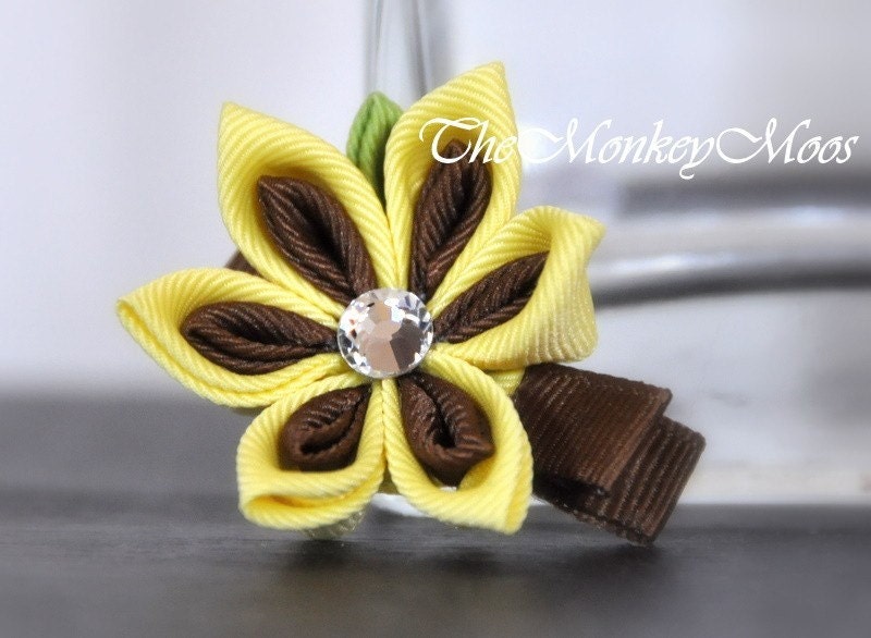 Fabric Flower Hair Clip - Chocolatey Lemon- Kanzashi