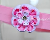 Flower Fabric Headband - Pink Marshmallow Dual Petal LGMoonLit- Kanzashi