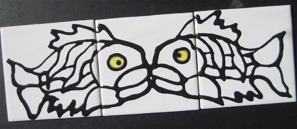 Kissing Fish Black and White Yellow Eyes Tiles Mini Backsplash