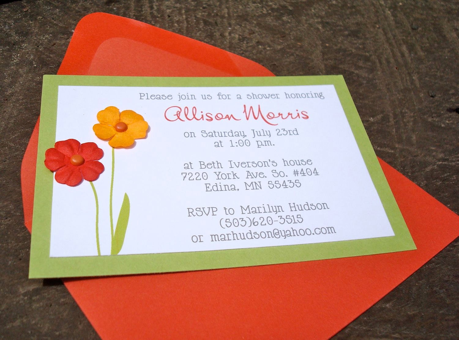 Flower Invitations - Baby Shower - Bridal Shower - Birthday Party (Sample) - Spring - Summer - Red - Orange