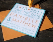 Square Save The Date - Aqua and Orange (sample) - FREE SHIPPING