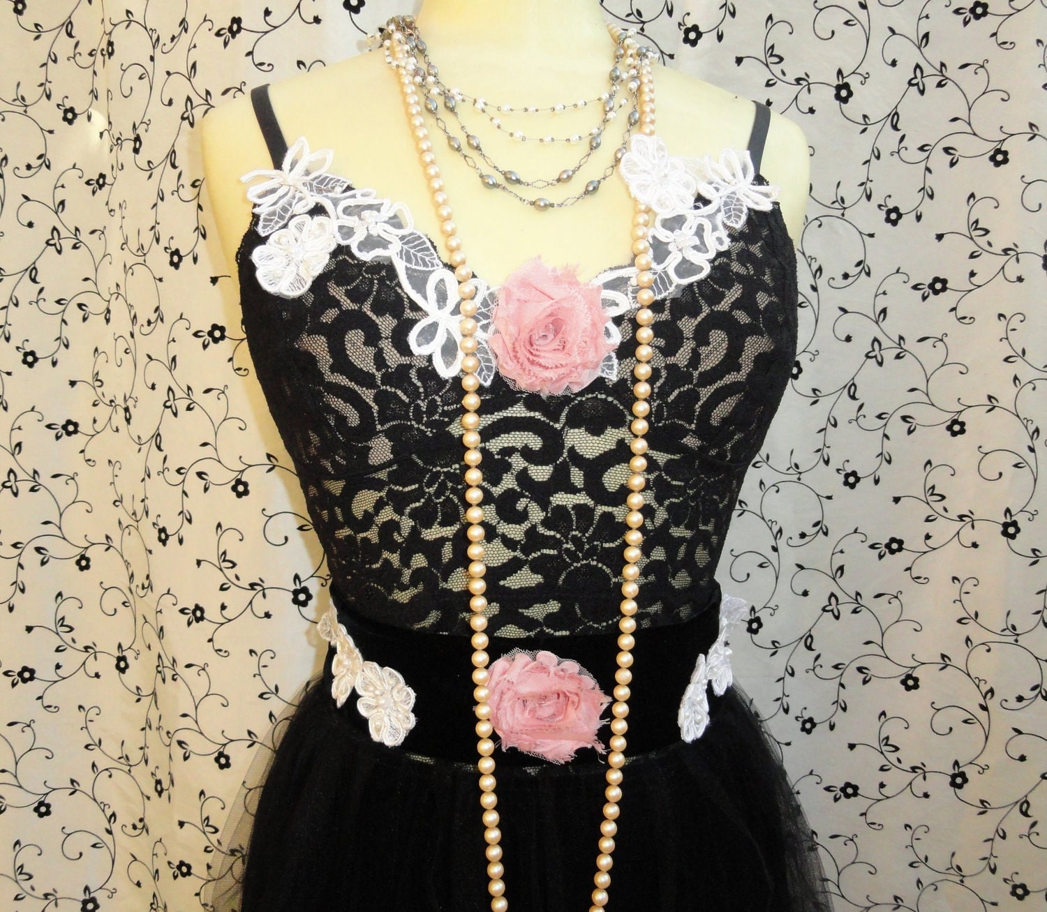 Black velvet dress corset SALE wedding ensemble bridesmaid white lace appliques boho shabby chic by vastly vintage on etsy