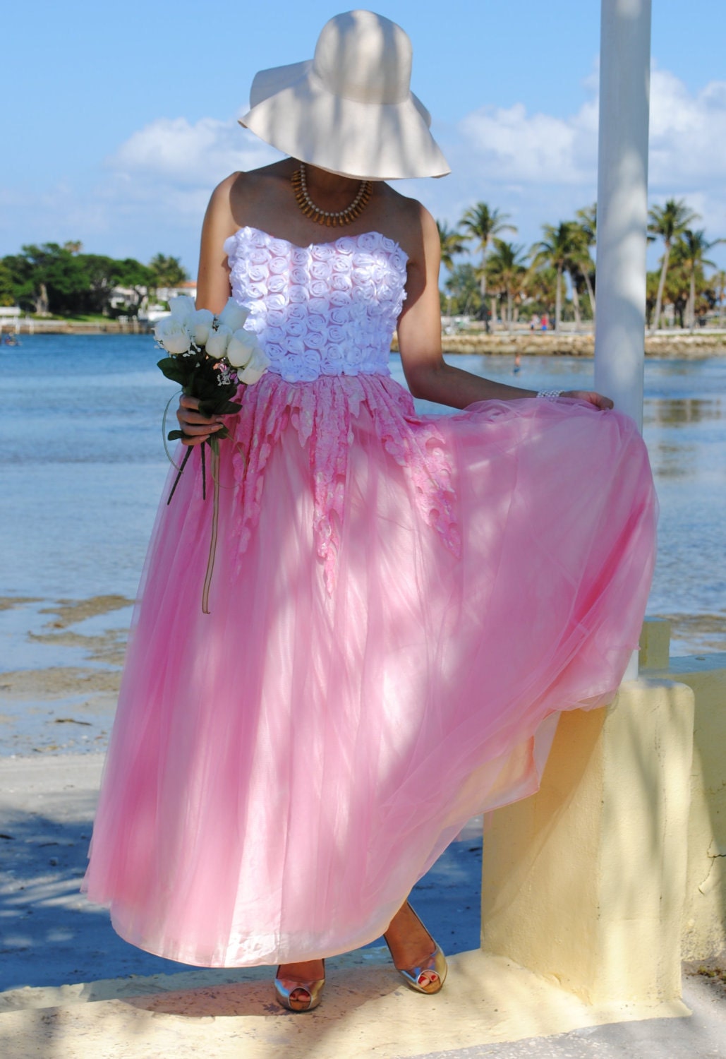 Vintage Wedding Dress white rosettes pink steampunk upcycled 80s lace wedding gown hand dyed by vastly vintage on etsy