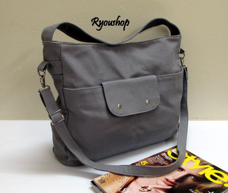 Ryoushop Mira in Grey - handmade canvas shoulder bag, tote bag, messenger bag, satchel, handbag, women, hobo, diaper bag w adjustable straps
