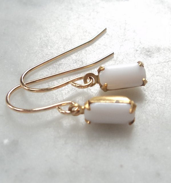 vintage white milk glass emerald shaped glass stones set in brass dangle on 14k gold plated french ear-wires earrings
