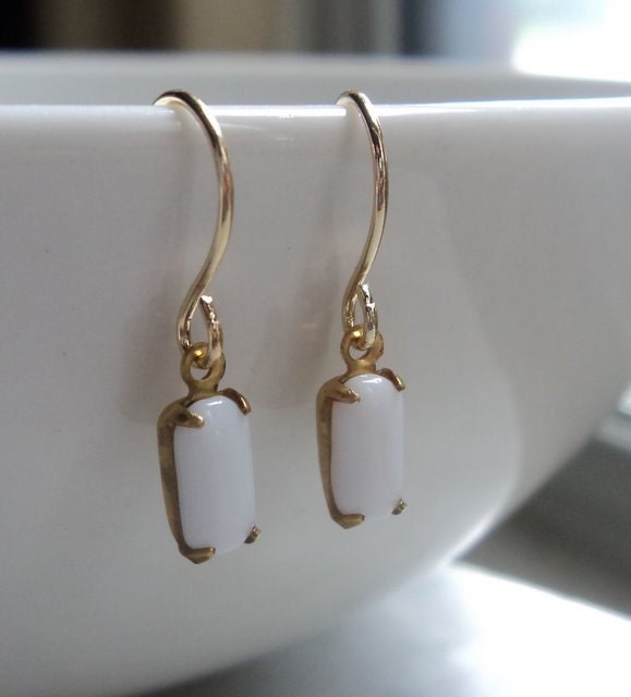 vintage white milk glass emerald shaped glass stones set in brass dangle on 14k gold plated french ear-wires earrings