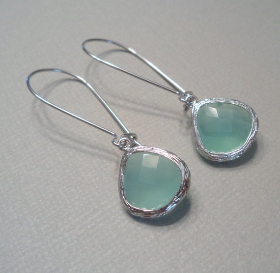 Mint aqua chalcedony aquamarine glass and silver dangle tear shape earrings.  Kidney wires.  Everyday.  Bridal.  Bridesmaids.  Weddings.