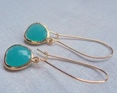 Aqua chalcedony glass and gold dangle earrings.  Kidney wires.  Everyday.  Bridal.  Simple and Gorgeous.