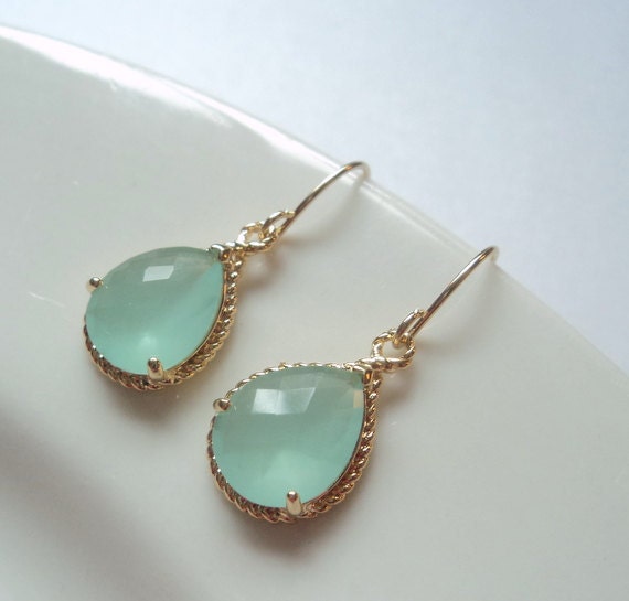 Mint aquamarine glass gold tear shape drops on french wire earrings.  Everyday.  Bridal. Bridesmaids.  Wedding Jewelry. MOTHER'S DAY.