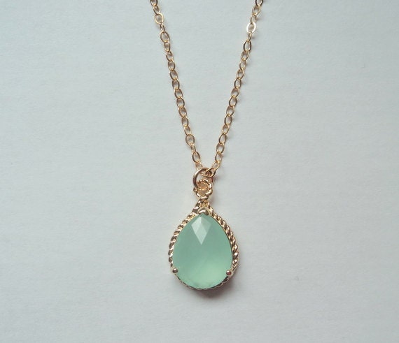 Mint aquamarine glass and gold tear drop pendant gold fill necklace.  Bridal necklace.  Bridesmaid necklace.  Wedding jewelry.
