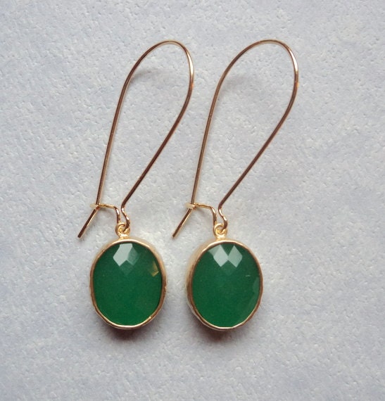 Emerald green jade glass dangles on gold kidney ear wires.  Everyday.  Bridal.  NEW ITEM.
