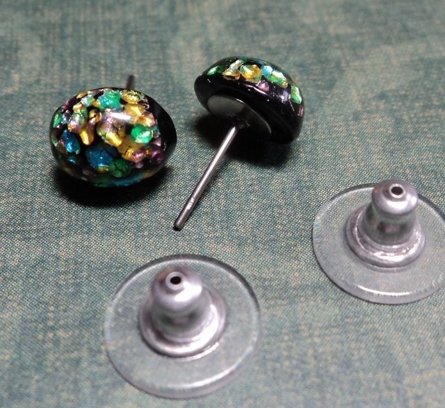 Vintage Cherry Brand 1940s/1950s Japanese black glass with metallic multi-colored foil inclusions studs post earrings