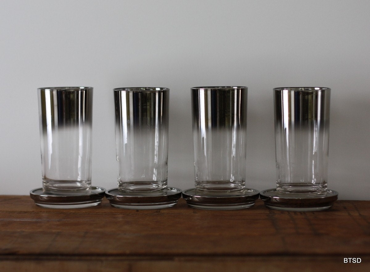 Vintage Silver Rimmed Ombre 9 Piece Glassware Set Including Glass Coasters and Caddy