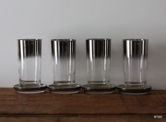 Vintage Silver Rimmed Ombre 9 Piece Glassware Set Including Glass Coasters and Caddy