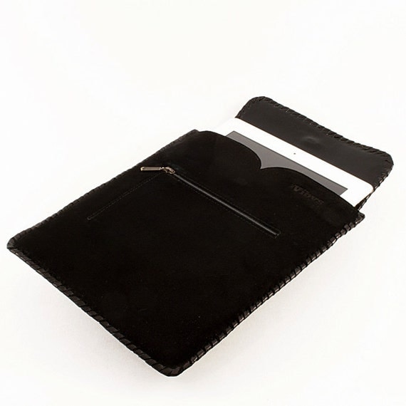 Black leather iPad case -  handmade from black suede