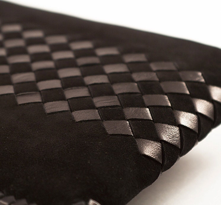 Black leather iPad case -  handmade from black suede