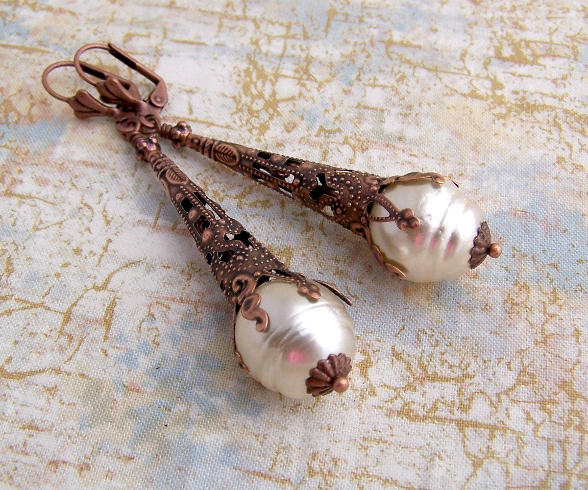 Creamy Freshwater Pearl Earrings with Copper Filigree inspired by the Sea