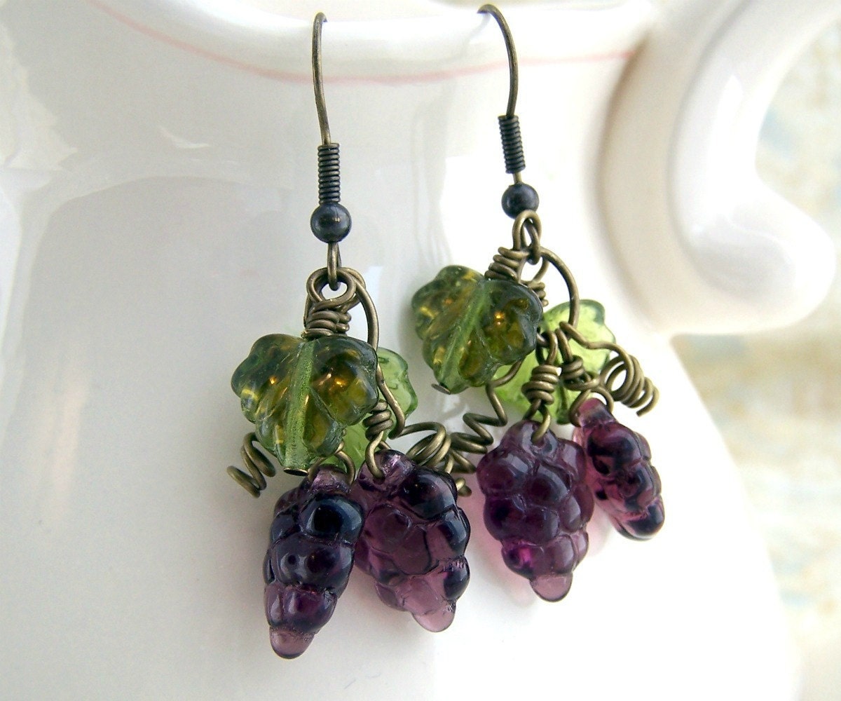 Grape Earrings - Autumn Grape Vine Harvest earrings with purple grapes & green leaves of Czech glass beads - Napa Valley