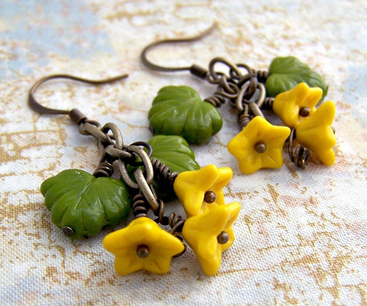 Sunflower Yellow Earrings with czech glass beads and wire wrapped in brass- bright mustard flowers, olive green leaves - Autumn Jewelry