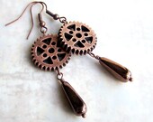 Copper Steampunk Earrings - gears and Czech glass beads - steampunk jewelry - copper earrings