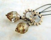 Brass Steampunk Earrings with Turbine Picasso Czech glass beads and brass gears - Steam Punk Jewelry