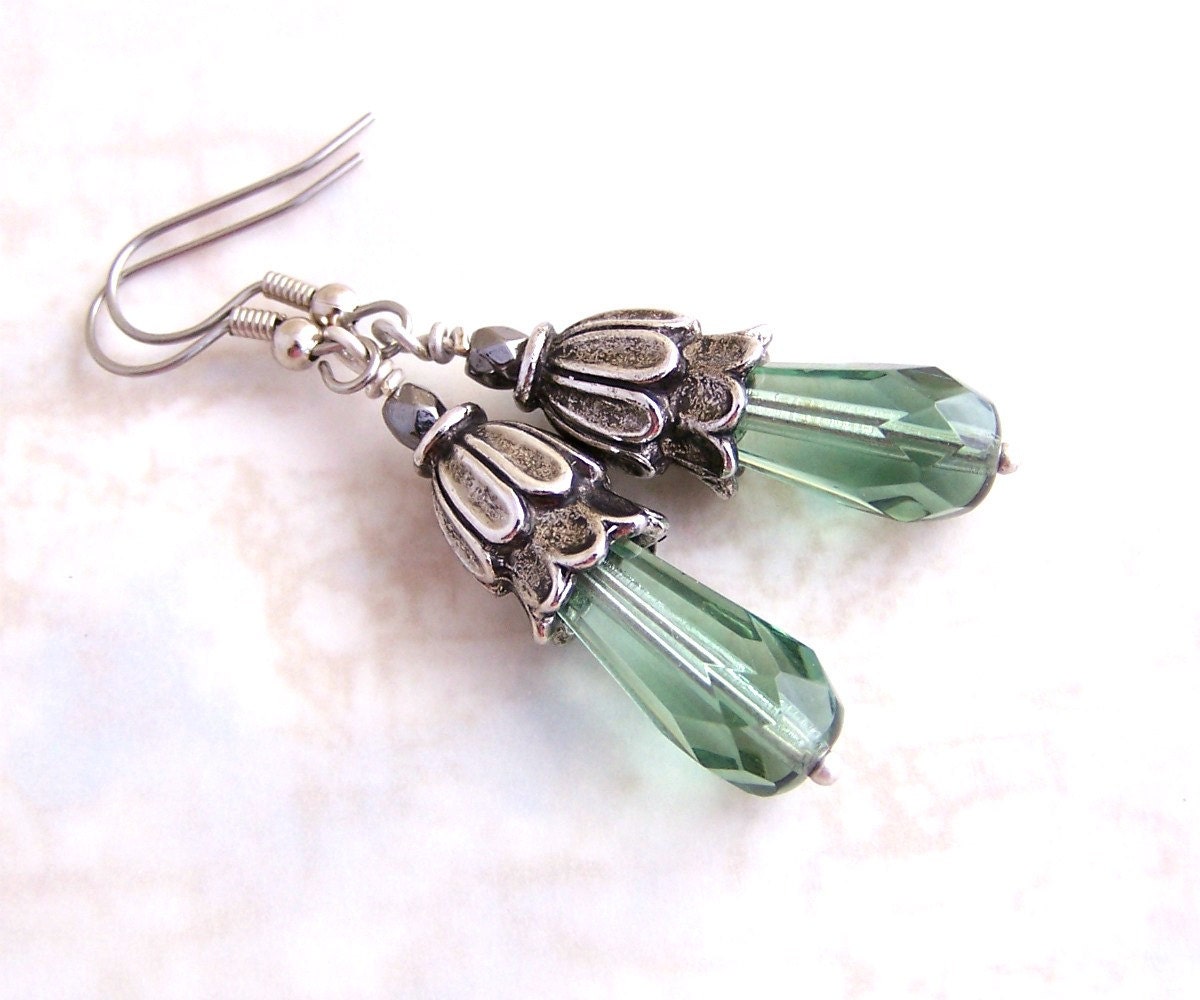 Sea Green Earrings with antique silver bead caps in a Victorian Style - blue green Czech glass beads
