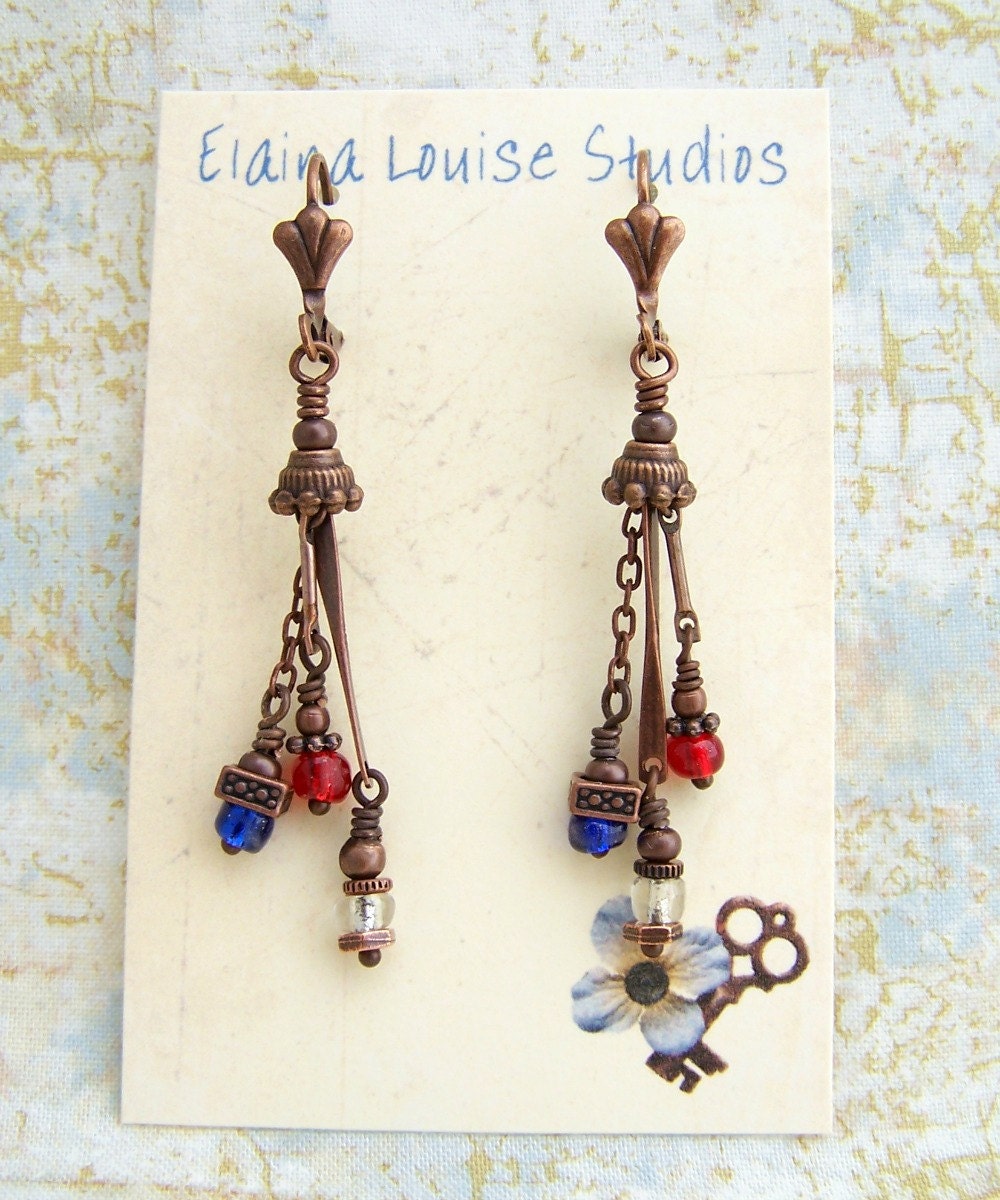 Patriotic Steampunk Earrings - red, white and blue with copper - Patriotic Jewelry - 4th of July Earrings
