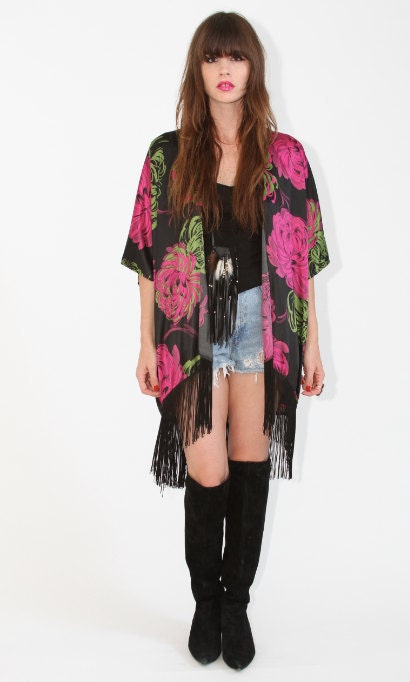 Reserved floral Duster with black long fringe