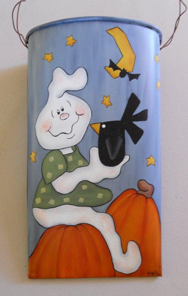 Hand Painted Halloween Rusted Tin Wall Pocket With GHOST PUMPKINS and BAT