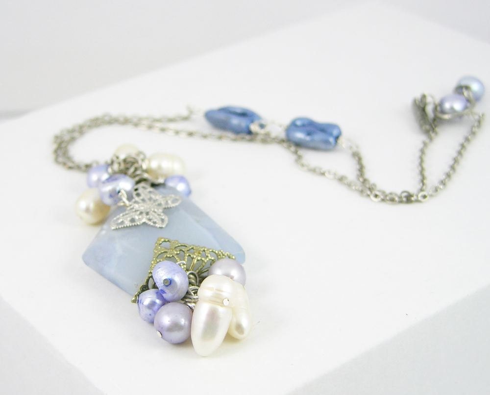 Necklace vintage style valentine's day boho chic chain little butterfly beaded blue chalcedony fresh water pearls silver tone free shipping