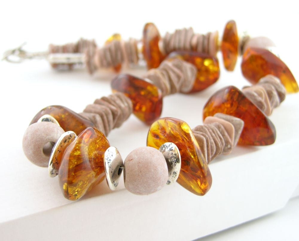 Necklace baltic amber honey dusty rosemodern tribal bold silver ceramic gemstone  statement chunky