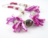 Necklace mother of pearl magenta hot pink recycled glass clear mint silver ceramic raku sea beach tribal statement ooak unique