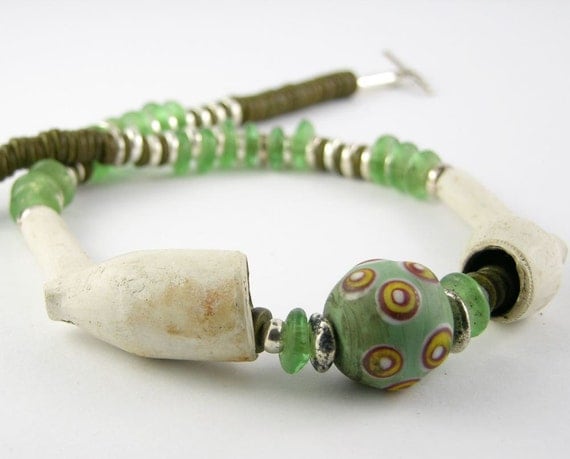 necklace silver ceramic african glass repurposed old dutch pipes aqua olive green tribal ethnic inspired unisex modern