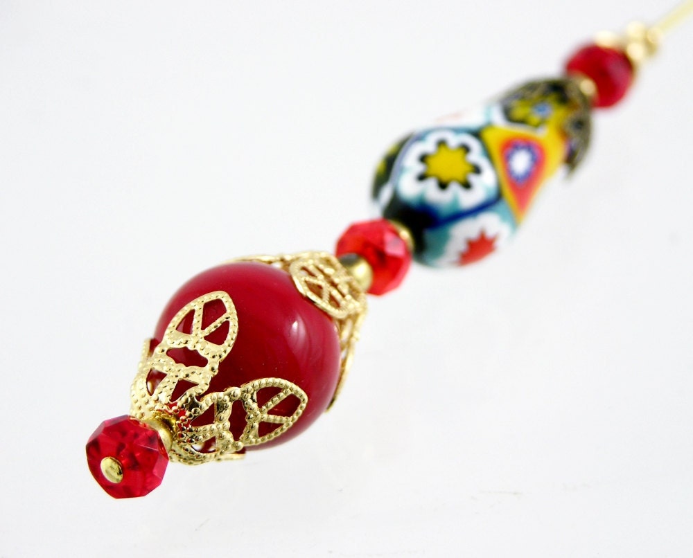 hat pin shawl pin brooch red mosaic Murano Murrina millefiori gold plated filigree modern mid century free shipping teamt