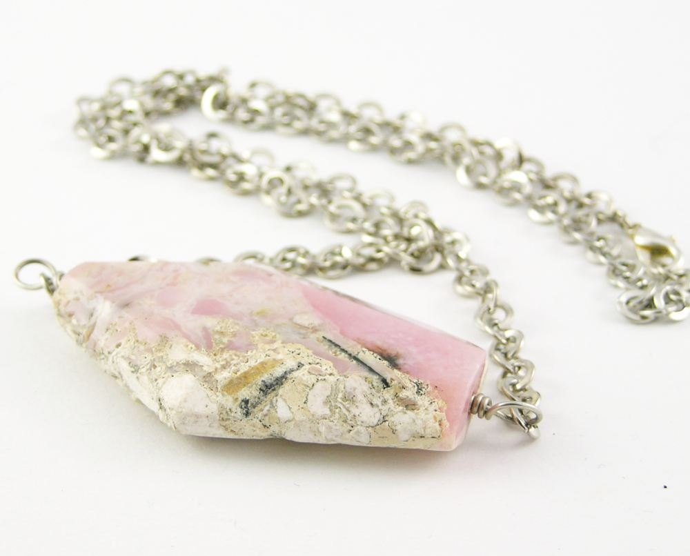 Necklace pink opal minimalist modern unisex gemstone silver tone chain free shipping