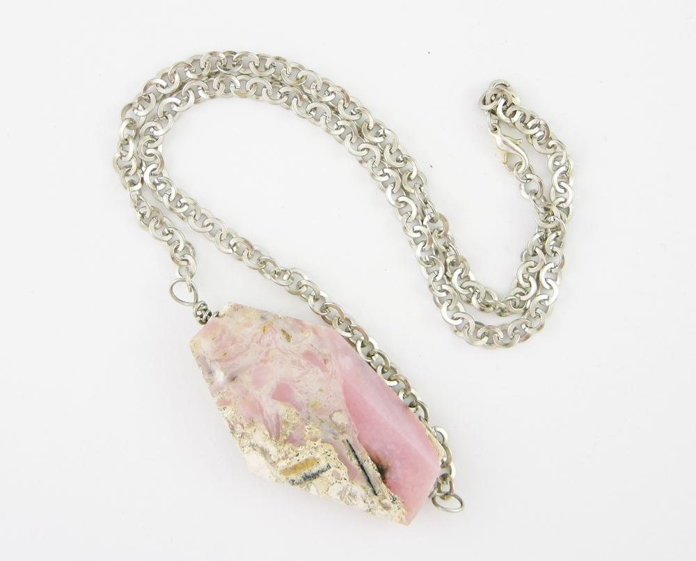Necklace pink opal minimalist modern unisex gemstone silver tone chain free shipping