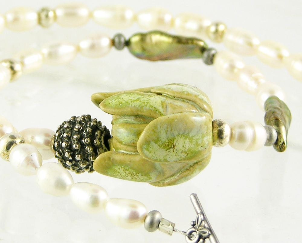 Necklace cream rice pearls ceramic pastel sage green flower bud romantic wedding bride silver valentines day vintage style teamt