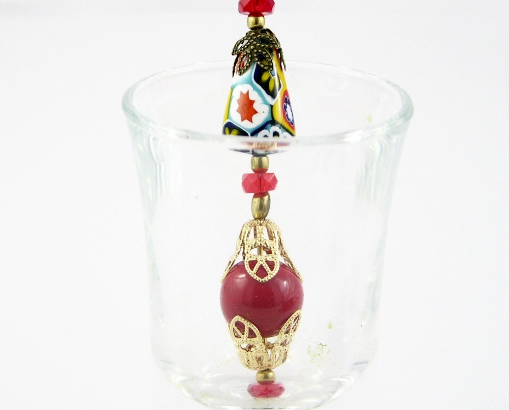 hat pin shawl pin brooch red mosaic Murano Murrina millefiori gold plated filigree modern mid century free shipping teamt
