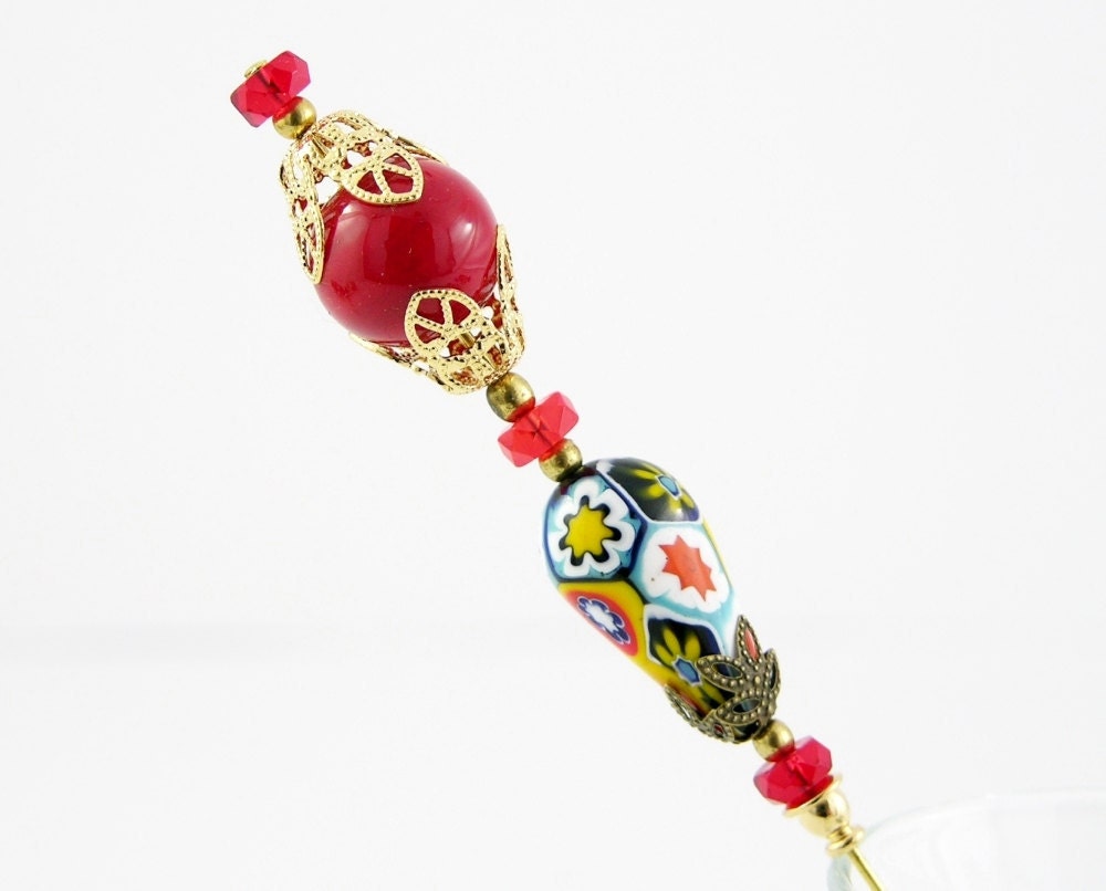 hat pin shawl pin brooch red mosaic Murano Murrina millefiori gold plated filigree modern mid century free shipping teamt