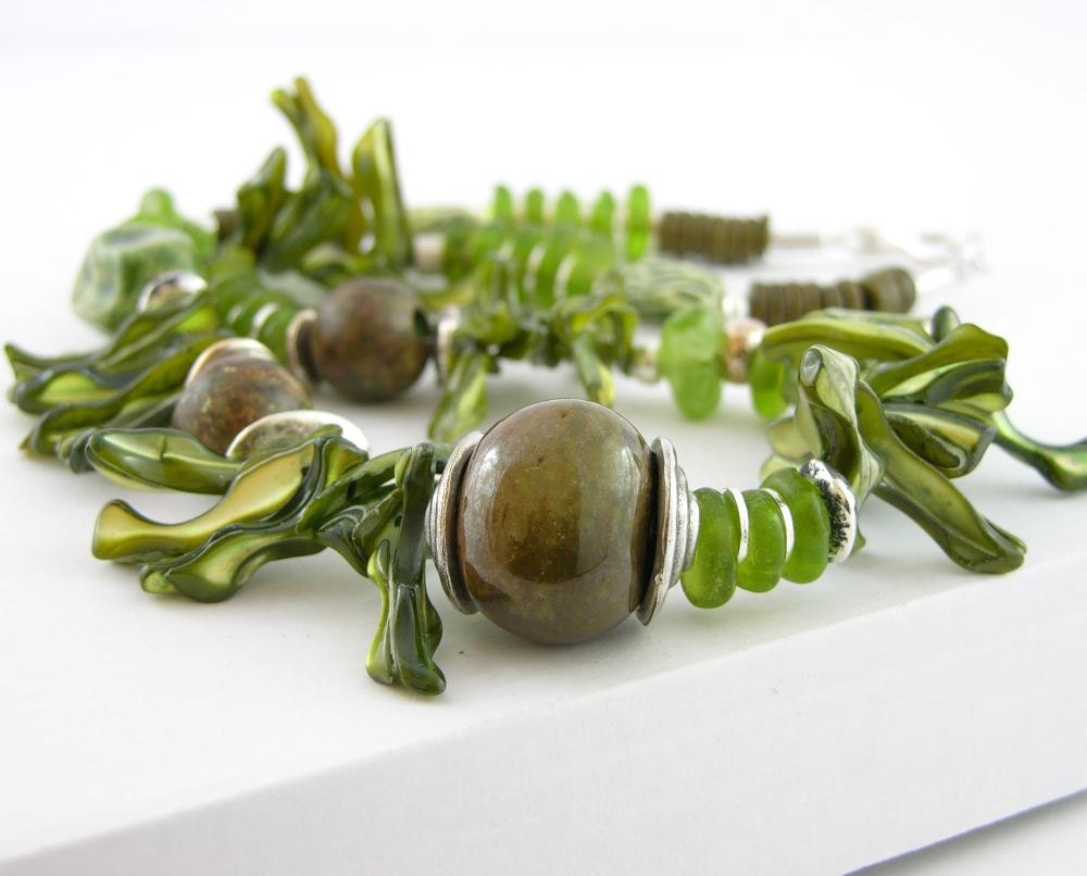 Necklace mother of pearl olive green recycled glass silver ceramic raku sea beach tribal statement ooak unique